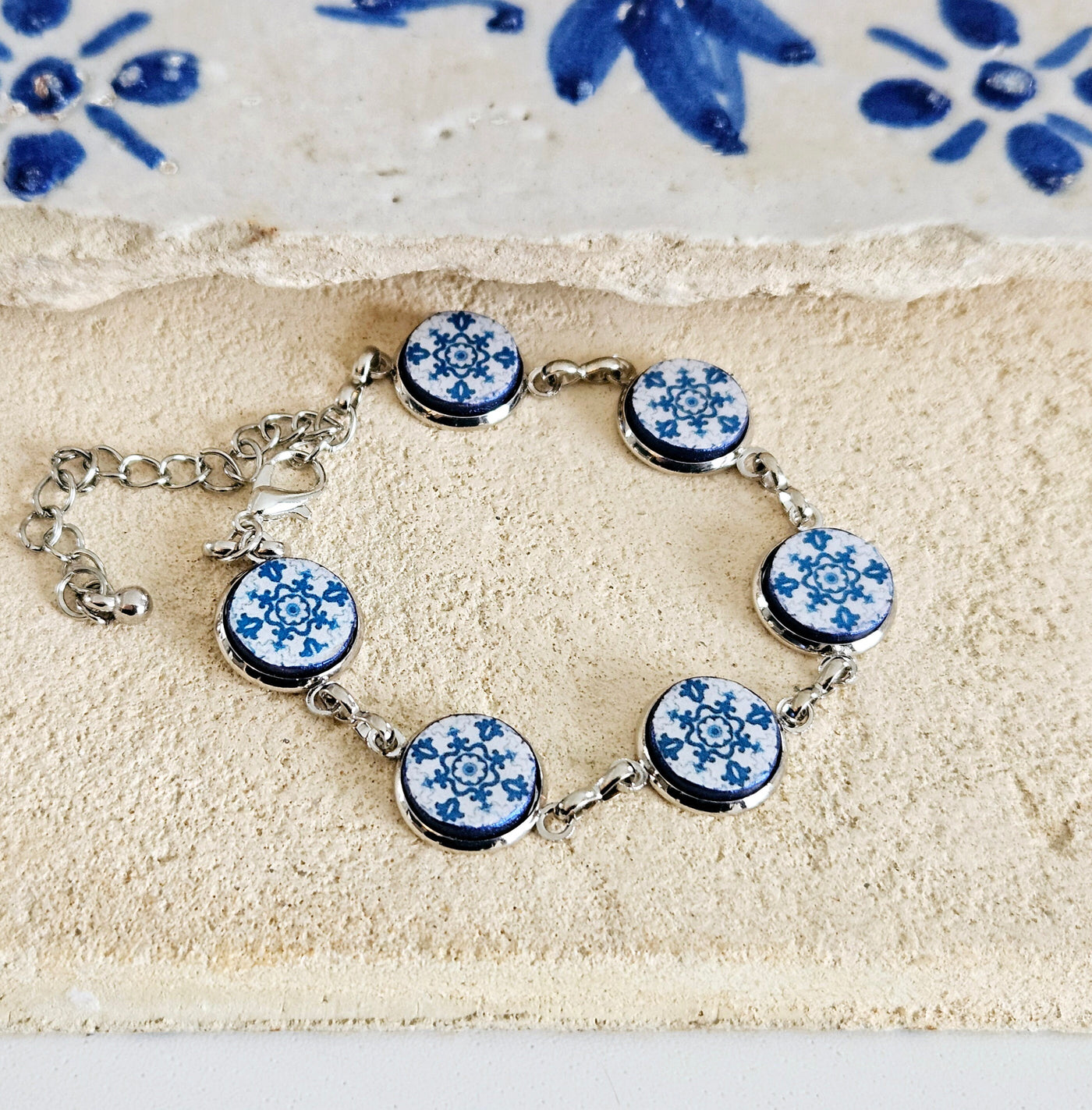 Portugal Antique Majolica Delft Blue Tile Silver STEEL Bracelet Small Round Azulejos Bracelet Adjustable Size Handmade Travel Gift for Her