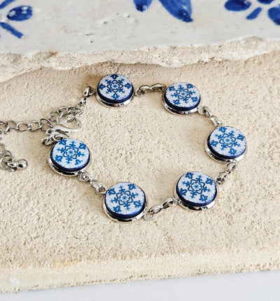 Portugal Antique Majolica Delft Blue Tile Silver STEEL Bracelet Small Round Azulejos Bracelet Adjustable Size Handmade Travel Gift for Her