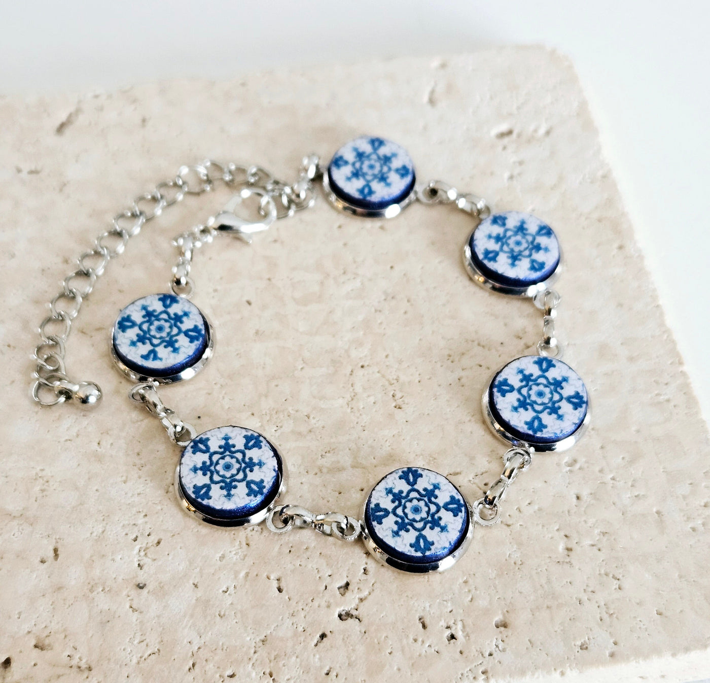 Portugal Antique Majolica Delft Blue Tile Silver STEEL Bracelet Small Round Azulejos Bracelet Adjustable Size Handmade Travel Gift for Her