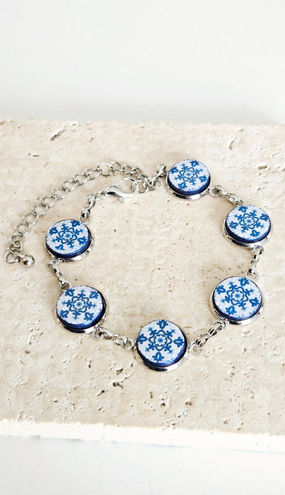 Portugal Antique Majolica Delft Blue Tile Silver STEEL Bracelet Small Round Azulejos Bracelet Adjustable Size Handmade Travel Gift for Her