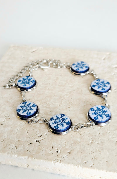 Portugal Antique Majolica Delft Blue Tile Silver STEEL Bracelet Small Round Azulejos Bracelet Adjustable Size Handmade Travel Gift for Her