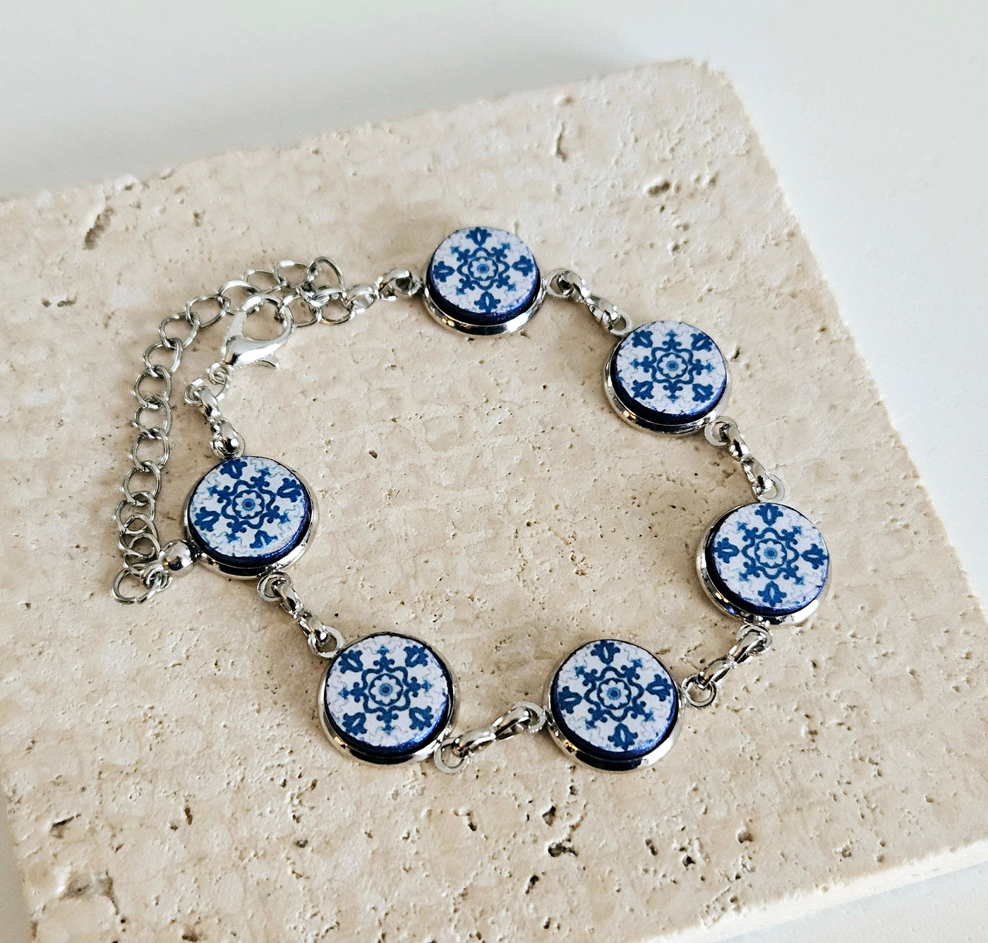 Portugal Antique Majolica Delft Blue Tile Silver STEEL Bracelet Small Round Azulejos Bracelet Adjustable Size Handmade Travel Gift for Her