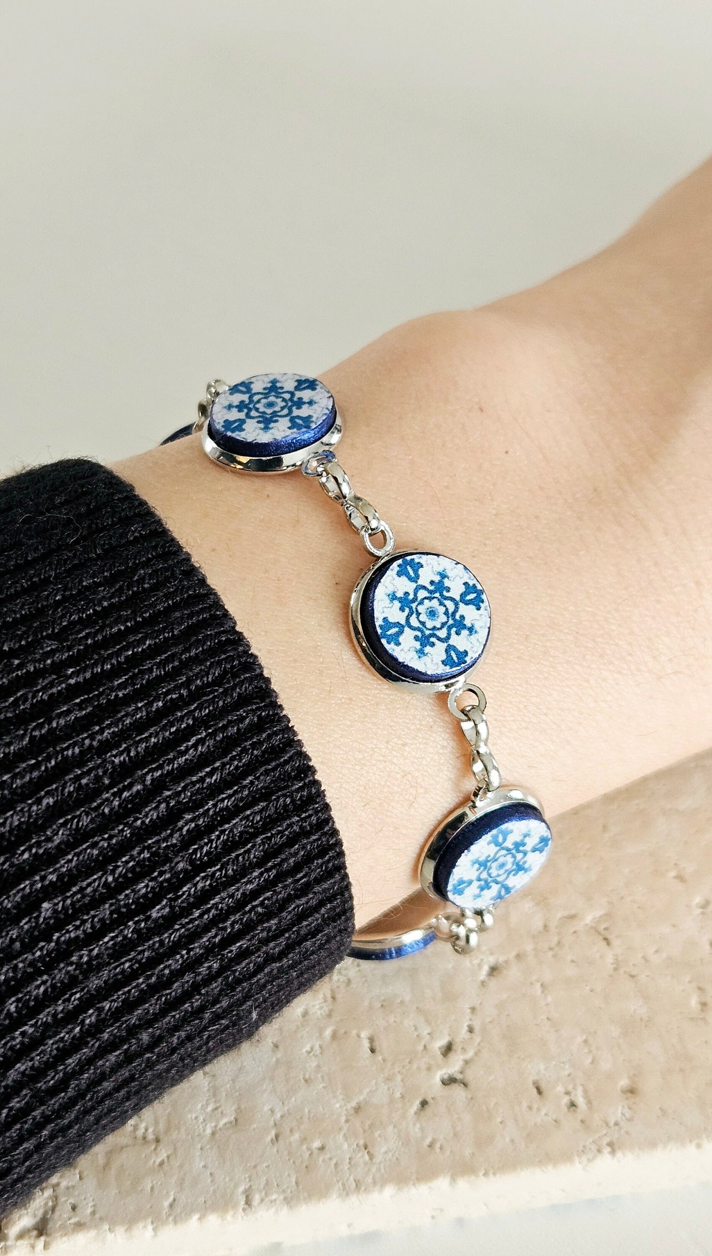 Portugal Antique Majolica Delft Blue Tile Silver STEEL Bracelet Small Round Azulejos Bracelet Adjustable Size Handmade Travel Gift for Her