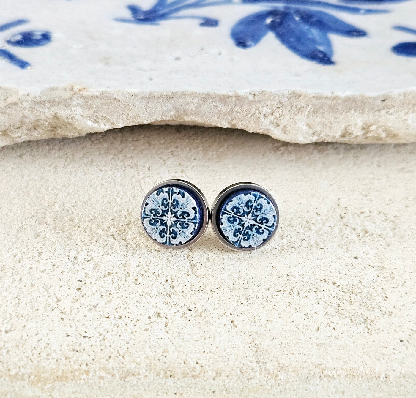 Portugal Antique Tile Stud Earring Small Round Blue White STEEL Earring Azulejo Portuguese Mom Gift Travel Mediterranean European Gift Tile