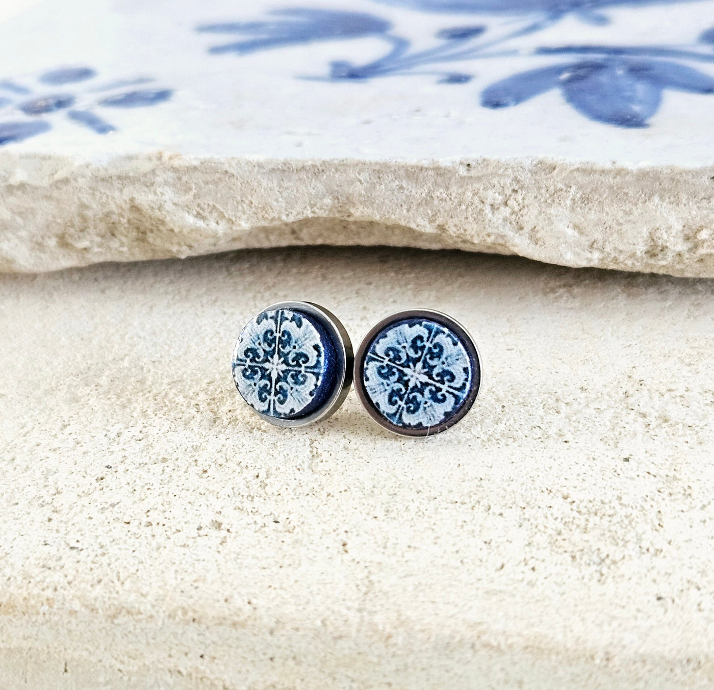 Portugal Antique Tile Stud Earring Small Round Blue White STEEL Earring Azulejo Portuguese Mom Gift Travel Mediterranean European Gift Tile