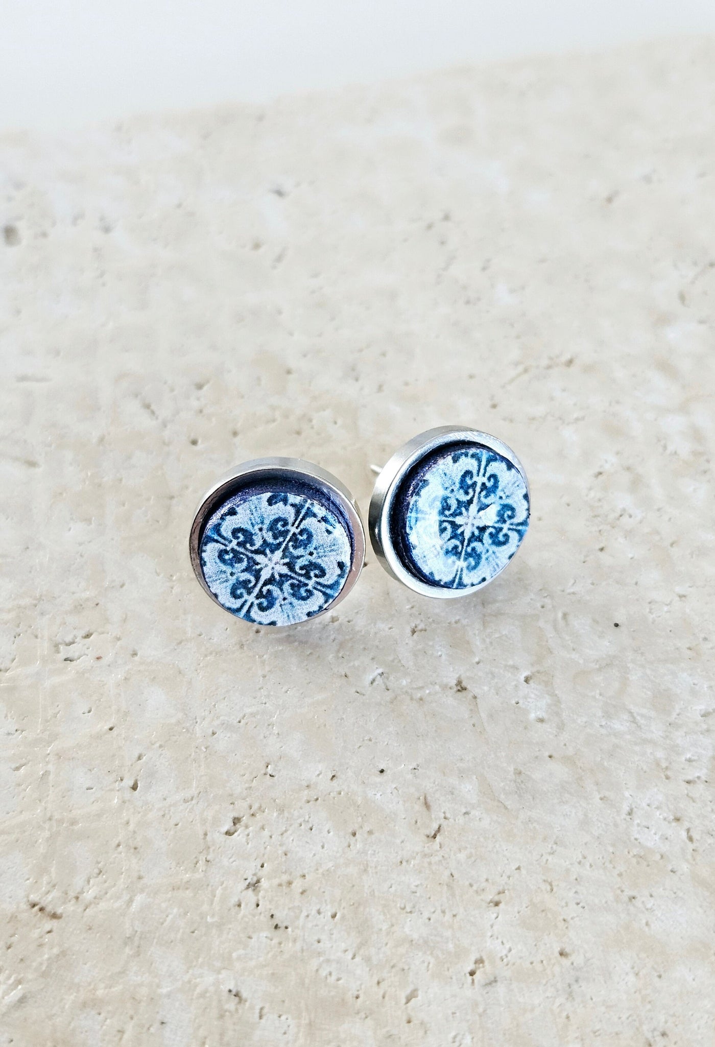 Portugal Antique Tile Stud Earring Small Round Blue White STEEL Earring Azulejo Portuguese Mom Gift Travel Mediterranean European Gift Tile