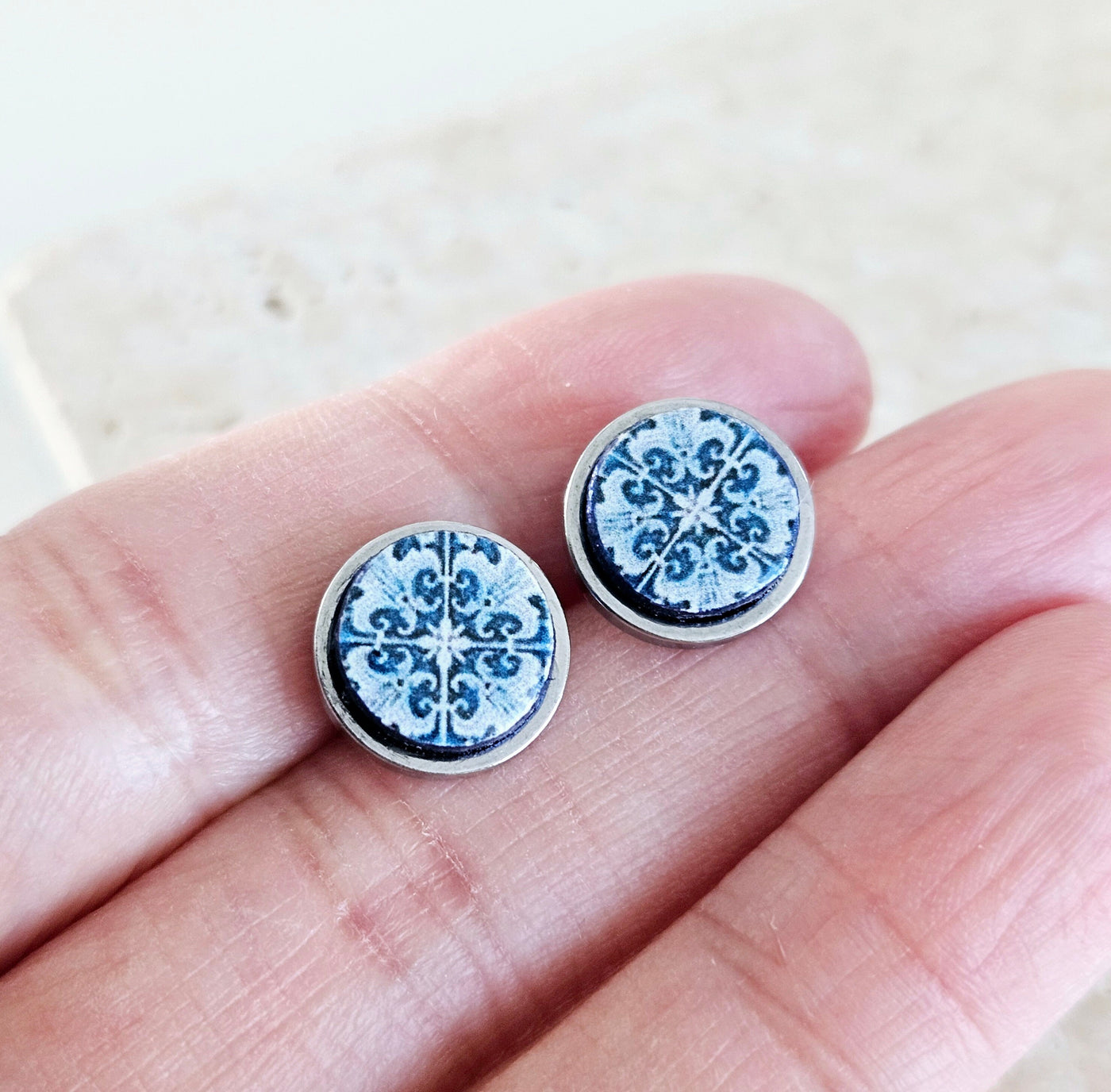 Portugal Antique Tile Stud Earring Small Round Blue White STEEL Earring Azulejo Portuguese Mom Gift Travel Mediterranean European Gift Tile