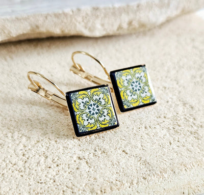 Yellow Portuguese Tile Earring Diamond Shape Drop GOLD Earring Azulejo Jewelry Mother Anniversary Gift for Women Travel Mediterranean Gift