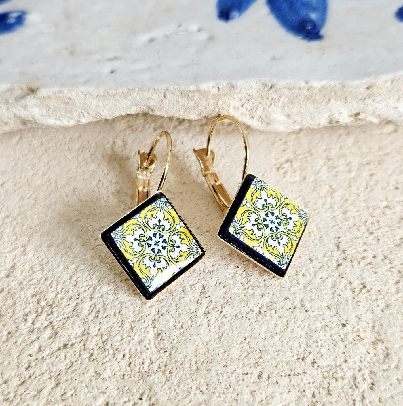 Yellow Portuguese Tile Earring Diamond Shape Drop GOLD Earring Azulejo Jewelry Mother Anniversary Gift for Women Travel Mediterranean Gift