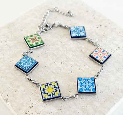 Portuguese Square Tile Bracelet Majolica Mixed Azulejos Bracelet Portugal Mismatched Women Gift Stainless Steel Colorful Handmade Bracelet