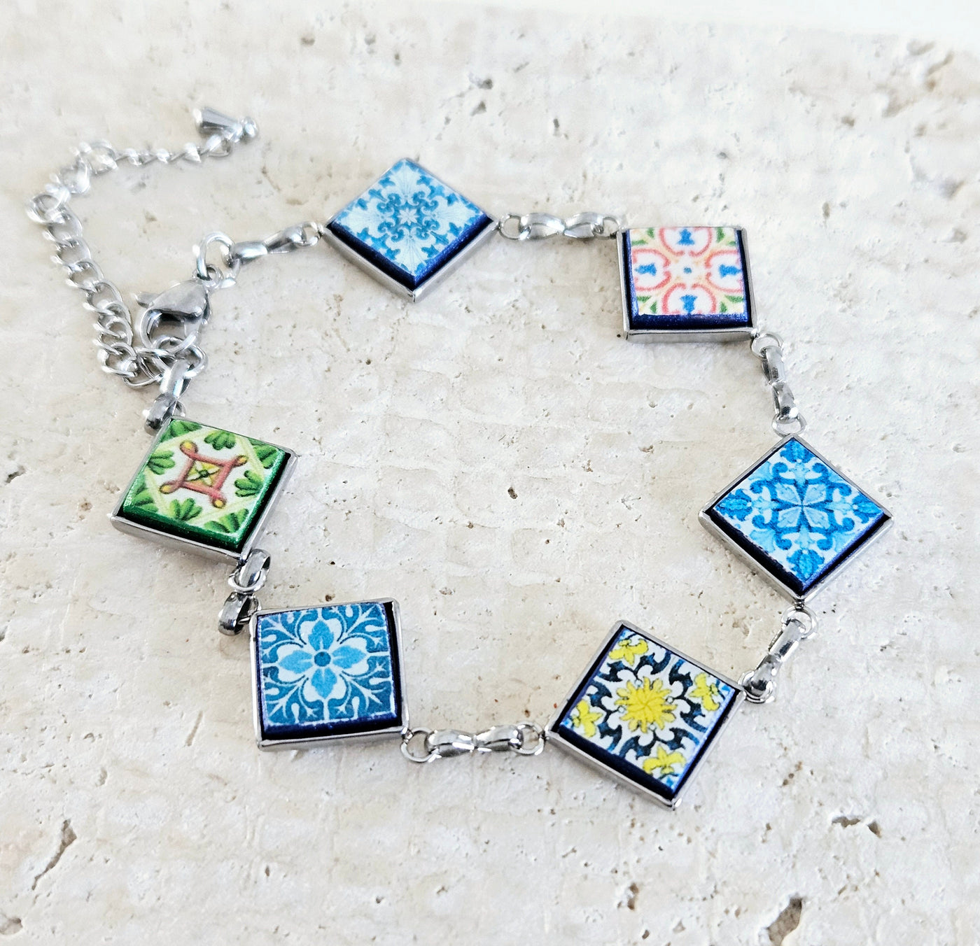 Portuguese Square Tile Bracelet Majolica Mixed Azulejos Bracelet Portugal Mismatched Women Gift Stainless Steel Colorful Handmade Bracelet