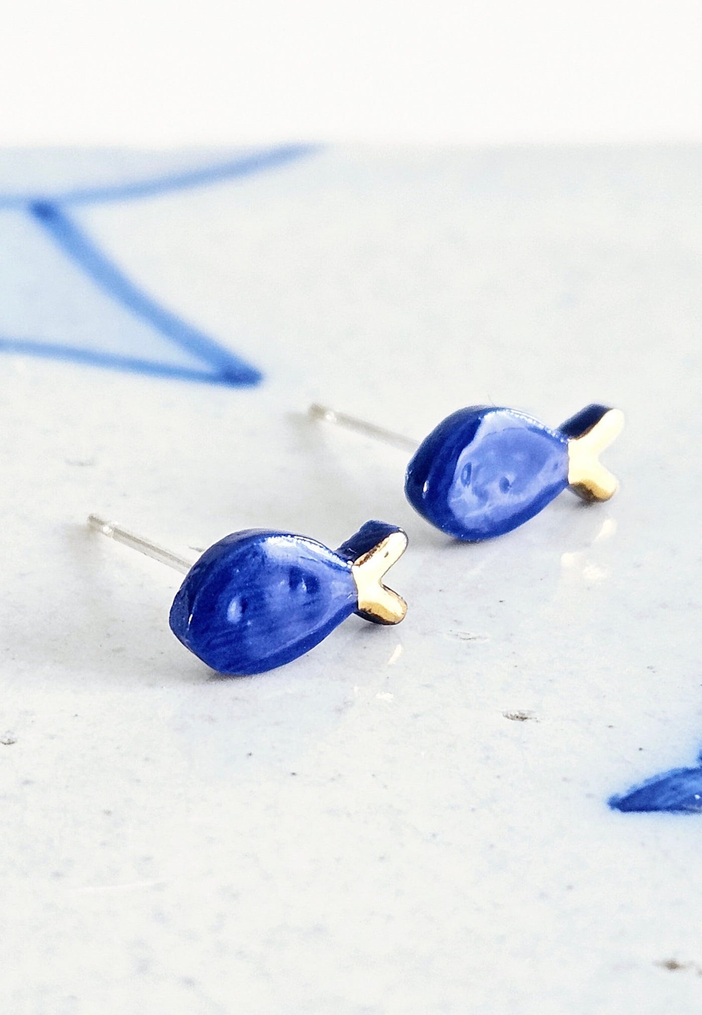 Ceramic Sardine Stud Earring 925 Silver Post Earring Royal Blue Porcelain Earring Gold Tail Small Fish Earring Clay Tile Studs Ocean Jewelry