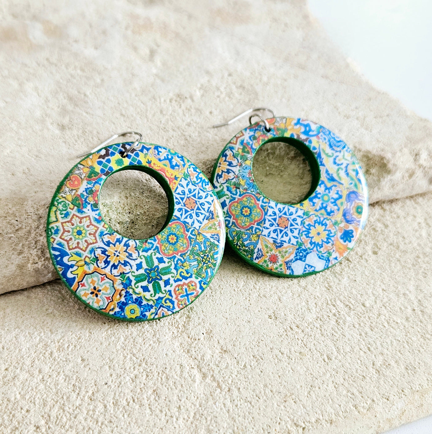 Mexican Hoop Tile Earrings Talavera Mixed Tiles Hoops Boho Colorful Hoops Ethnic Hoop Earrings Spanish Tiles Jewelry Supersized Hoops