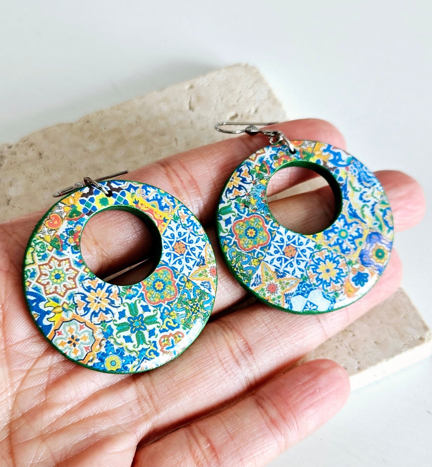 Mexican Hoop Tile Earrings Talavera Mixed Tiles Hoops Boho Colorful Hoops Ethnic Hoop Earrings Spanish Tiles Jewelry Supersized Hoops