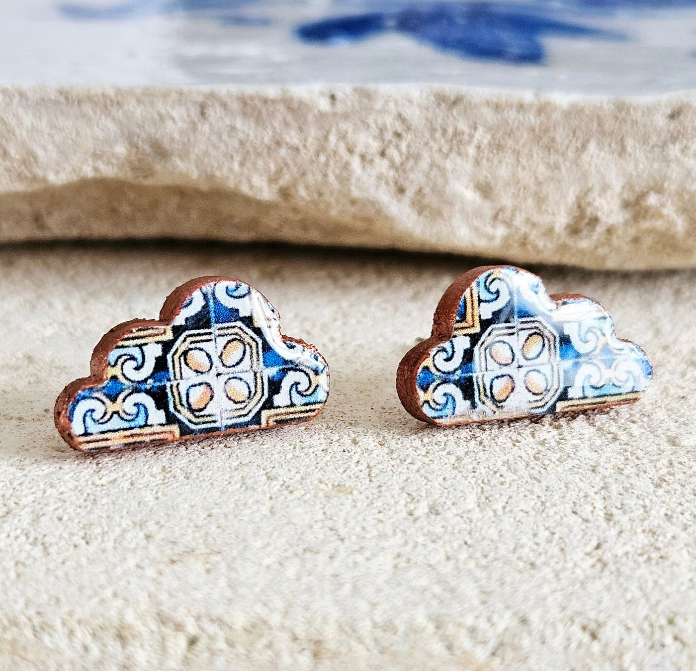 Cloud Tile Stud Earrings Portuguese Tile Earring Retro Vintage Tile Jewelry Gift for Her Anniversary Wife Gift Travel Vacation Gift Idea