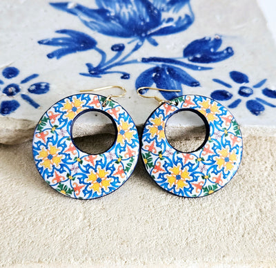 Portugal Antique Tile Hoop Earring Portuguese Traditional 18th Century Tile Statement Hoop Majolica Blue Gold Hoop Travel Gift Hoop Tile