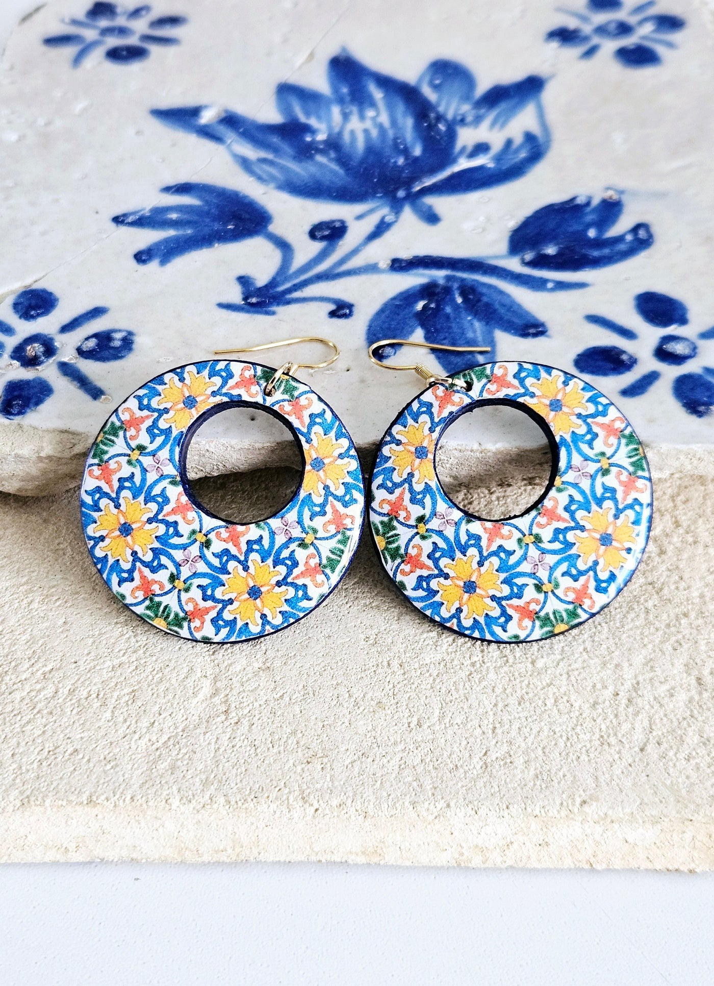 Portugal Antique Tile Hoop Earring Portuguese Traditional 18th Century Tile Statement Hoop Majolica Blue Gold Hoop Travel Gift Hoop Tile