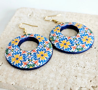 Portugal Antique Tile Hoop Earring Portuguese Traditional 18th Century Tile Statement Hoop Majolica Blue Gold Hoop Travel Gift Hoop Tile