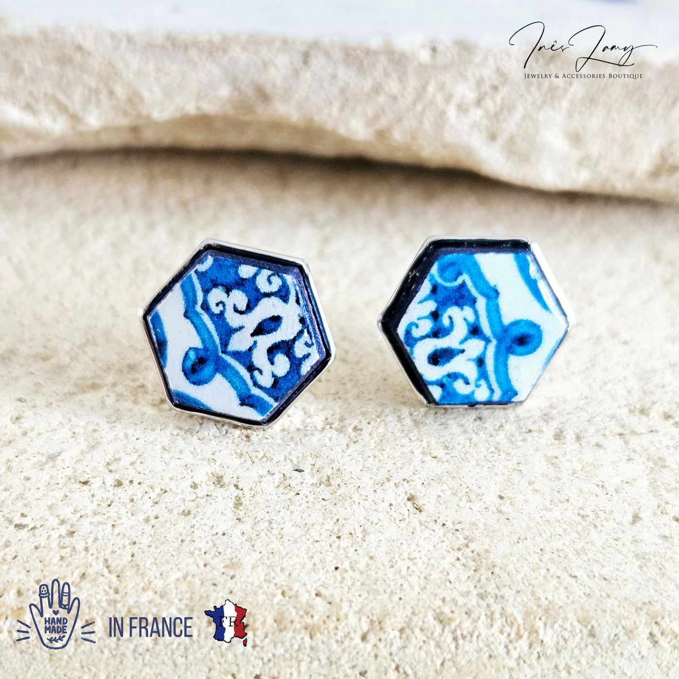 Hexagon Tile Silver Stud Earring Portugal Blue Tile Earring Retro Vintage Tile Jewelry Gift Anniversary Wife Gift Travel Vacation Gift Idea