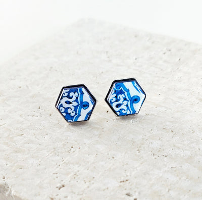 Hexagon Tile Silver Stud Earring Portugal Blue Tile Earring Retro Vintage Tile Jewelry Gift Anniversary Wife Gift Travel Vacation Gift Idea