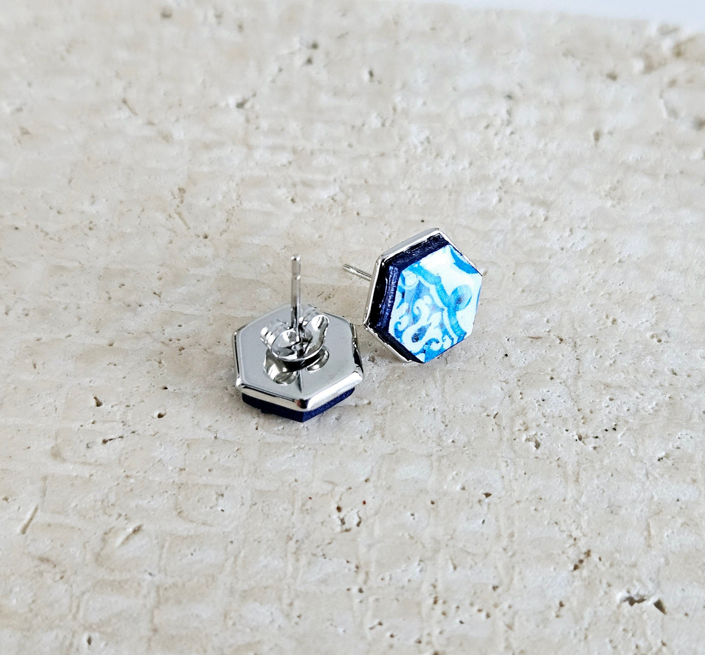 Hexagon Tile Silver Stud Earring Portugal Blue Tile Earring Retro Vintage Tile Jewelry Gift Anniversary Wife Gift Travel Vacation Gift Idea