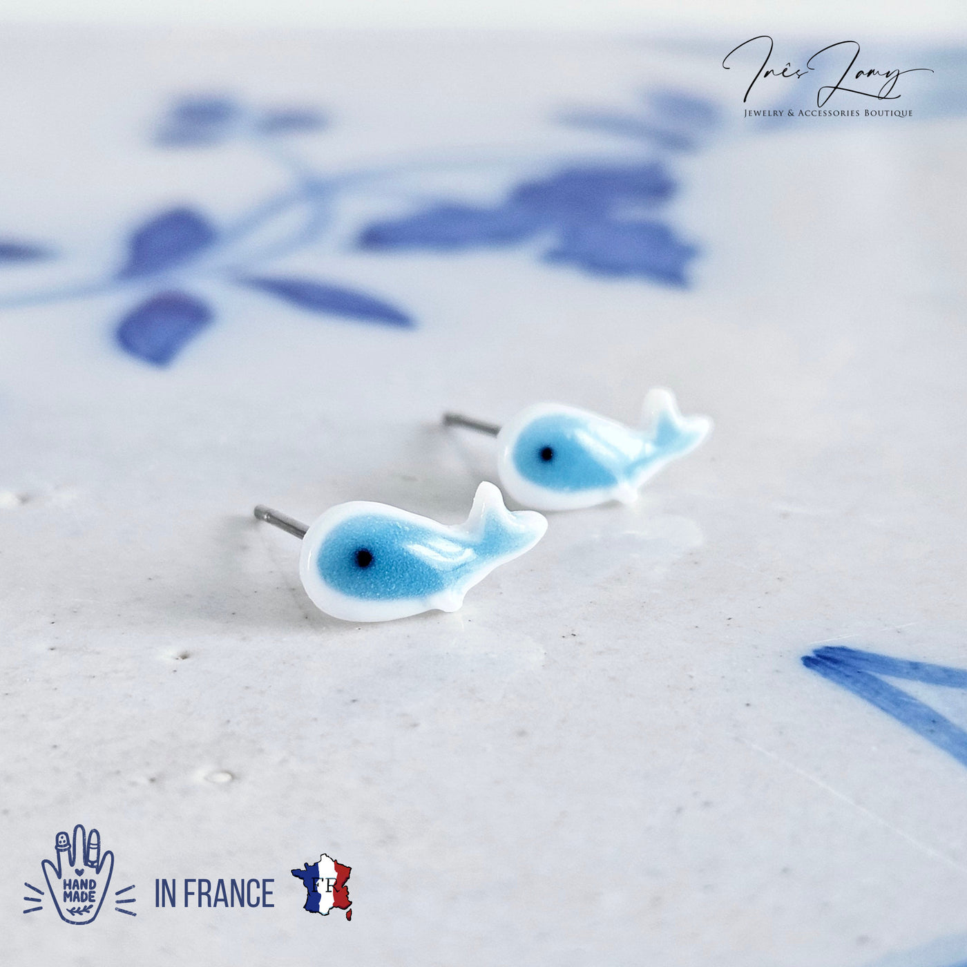 Porcelain Whale Stud Earring 925 Silver Post Earring Royal Blue Ceramic Earring Light Blue Small Fish Earring Clay Tile Studs Ocean Jewelry