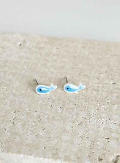 Porcelain Whale Stud Earring 925 Silver Post Earring Royal Blue Ceramic Earring Light Blue Small Fish Earring Clay Tile Studs Ocean Jewelry