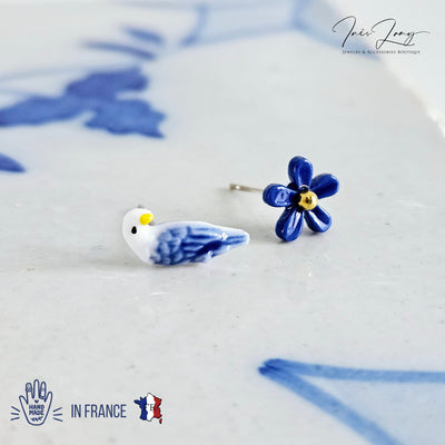 Porcelain Flower & Pigeon Mismatched Stud Earring Royal Blue Ceramic Post Earring Small Bird Earring Clay Tile Stud Nature Jewelry Gift