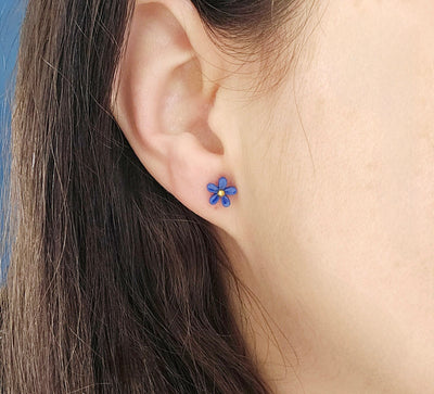 Porcelain Flower & Pigeon Mismatched Stud Earring Royal Blue Ceramic Post Earring Small Bird Earring Clay Tile Stud Nature Jewelry Gift