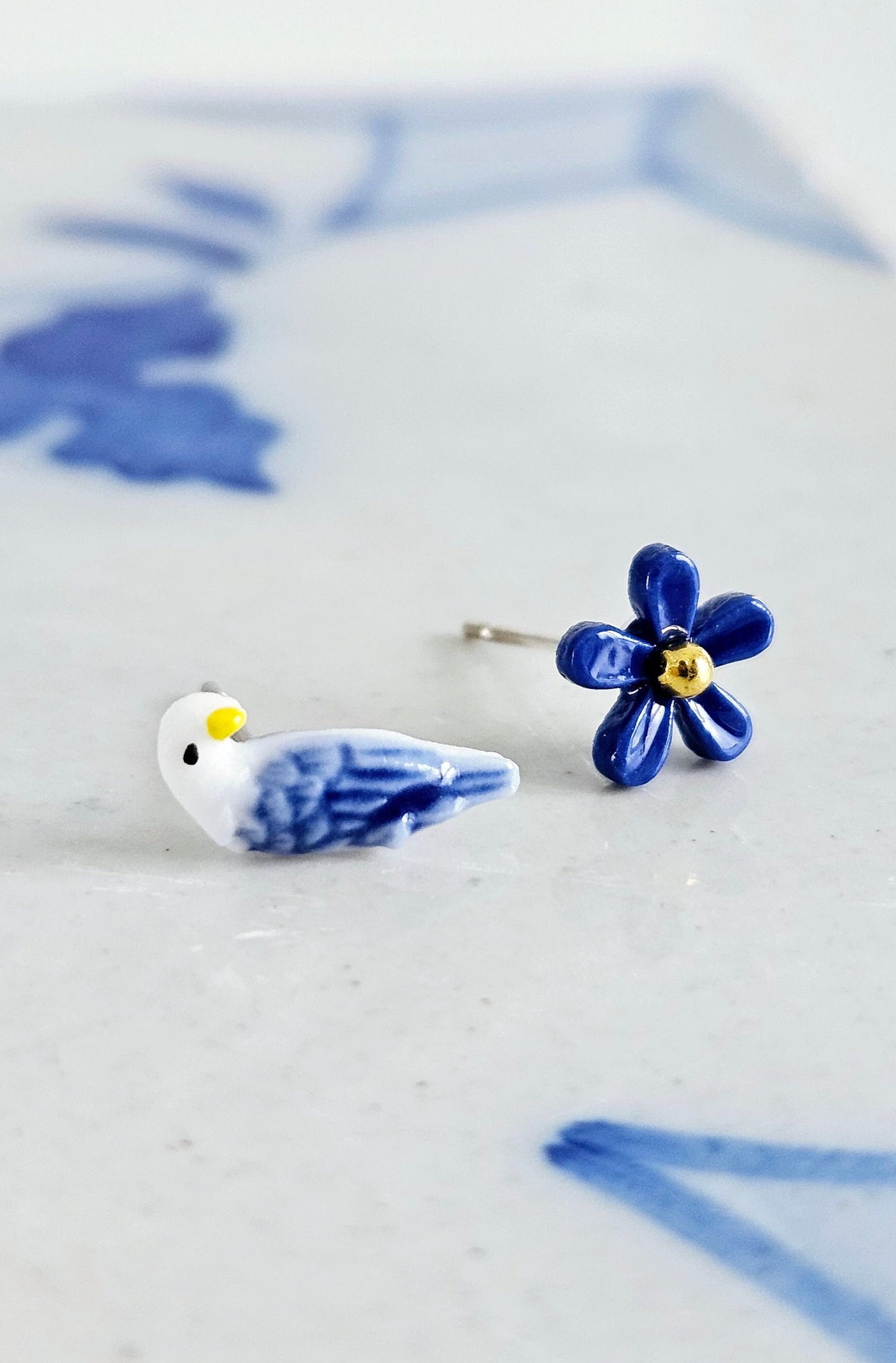 Porcelain Flower & Pigeon Mismatched Stud Earring Royal Blue Ceramic Post Earring Small Bird Earring Clay Tile Stud Nature Jewelry Gift