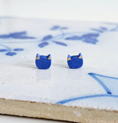 Porcelain Matte Cat Stud Earring Royal BLUE & GOLD Ceramic 925 Silver Post Earring Small Cat Earring Clay Tile Stud Mom Cat Jewelry Gift
