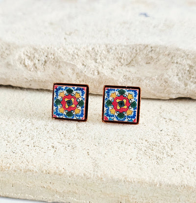 Mexican Tile Stud Earring Talavera Colorful Rainbow Jewelry Mexico Summer Small Stud Square Tile Floral Jewelry Spanish Latina Mother Gift