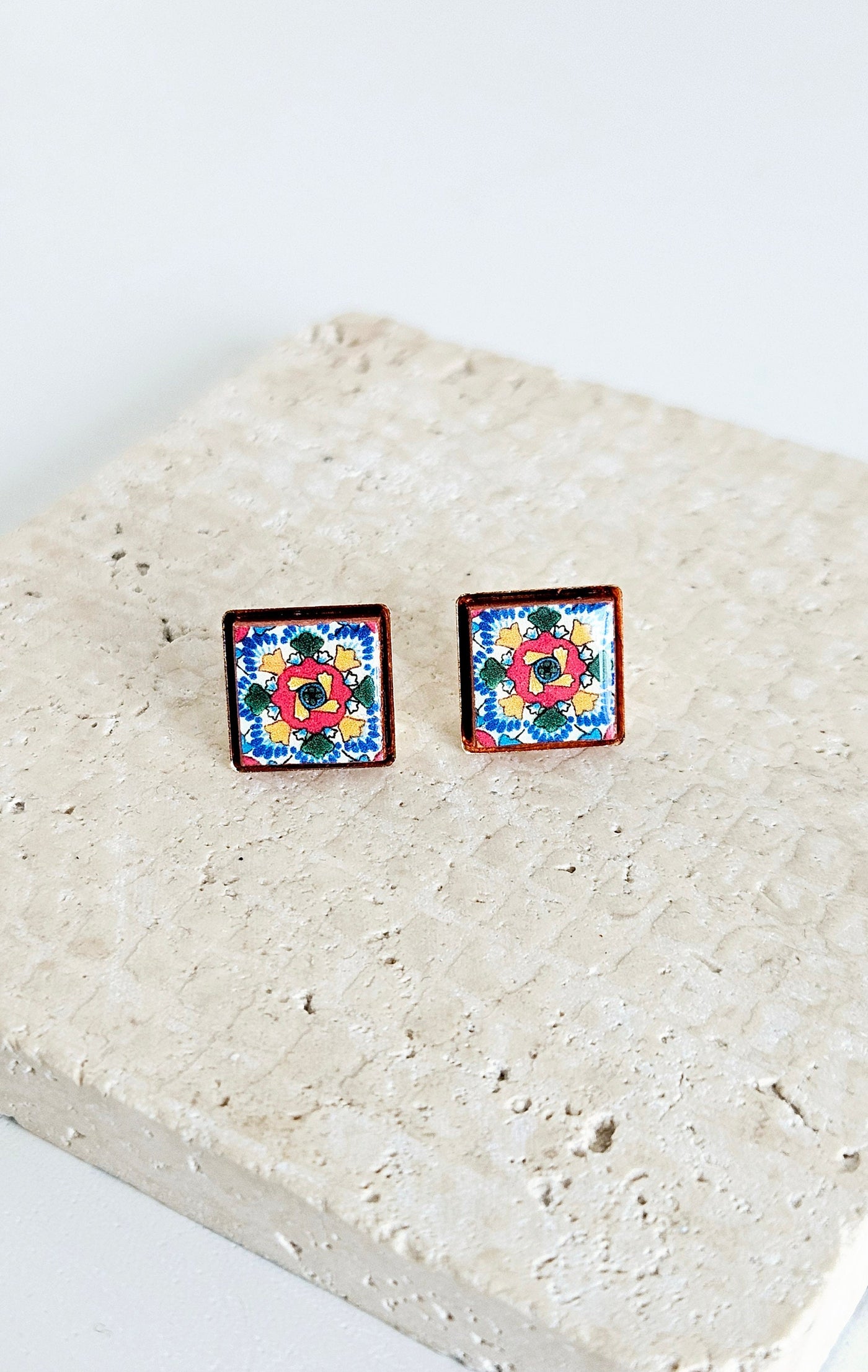 Mexican Tile Stud Earring Talavera Colorful Rainbow Jewelry Mexico Summer Small Stud Square Tile Floral Jewelry Spanish Latina Mother Gift