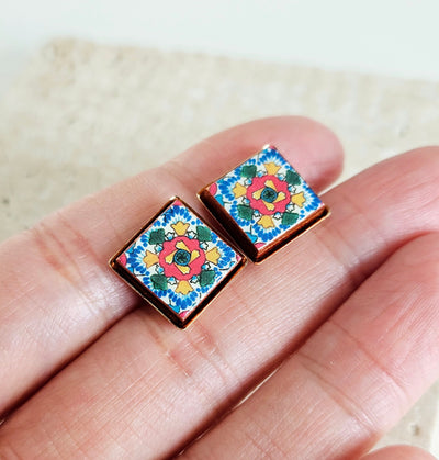 Mexican Tile Stud Earring Talavera Colorful Rainbow Jewelry Mexico Summer Small Stud Square Tile Floral Jewelry Spanish Latina Mother Gift