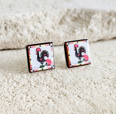 Portuguese Rooster Stud Earring Barcelos Galo Earring Heritage Jewelry Portugal Jewelry Gift Black Red White Rooster Carnation Tile Earring