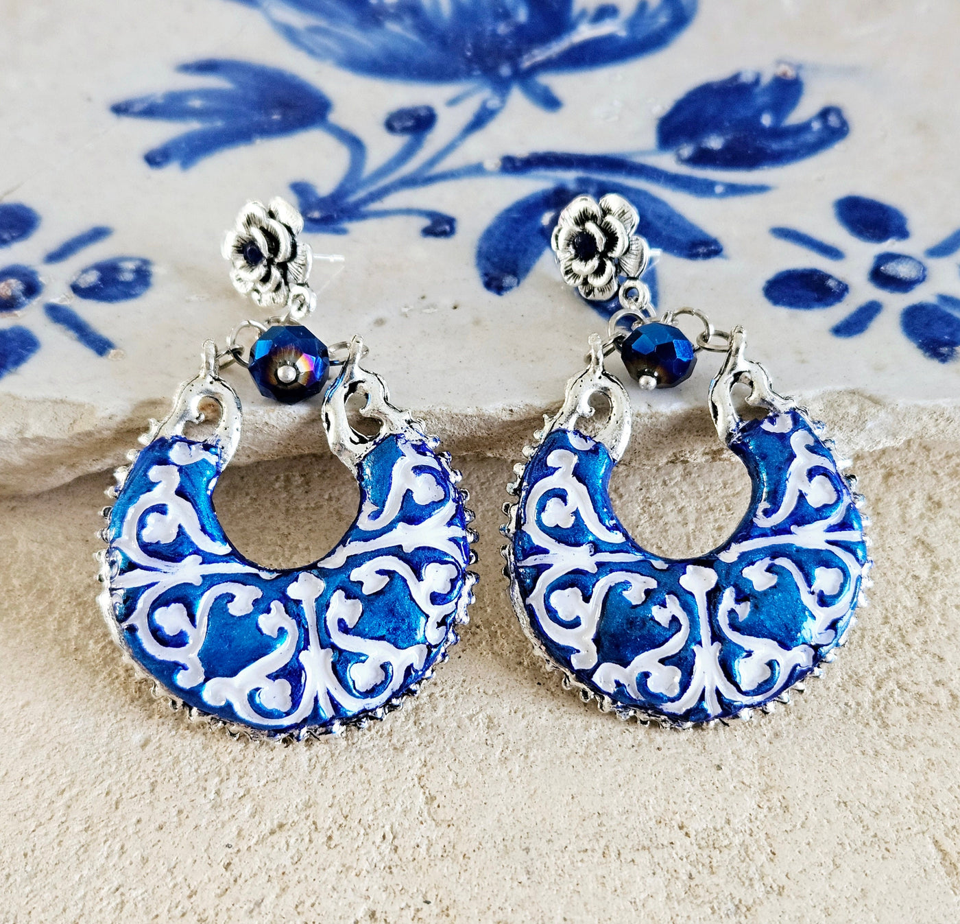 Azure Ceramic Portuguese Clay Drop Earring Navy Blue Earring Portugal Ceramic Sapphire Blue Jewelry Tile Blue White Clay Chandelier Earring