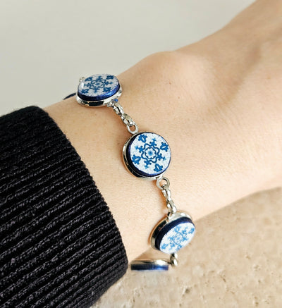 Portugal Antique Majolica Delft Blue Tile Silver STEEL Bracelet Small Round Azulejos Bracelet Adjustable Size Handmade Travel Gift for Her