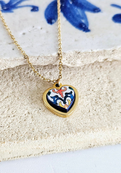 GOLD Heart Portugal Tile Charm Necklace Coimbra Tile Azulejo Gold Pendant Steel Leiria Necklace Tile Portugal Gift Handmade Lisboa Souvenir