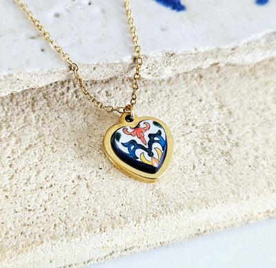 GOLD Heart Portugal Tile Charm Necklace Coimbra Tile Azulejo Gold Pendant Steel Leiria Necklace Tile Portugal Gift Handmade Lisboa Souvenir