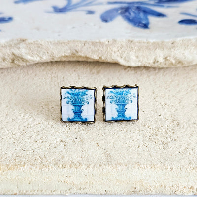 Portugal Blue Tile Antique Flower Stud Earring Small Square Tile Post Portuguese Azulejo Bronze Blue White Earring Wife Gift Travel Jewelry