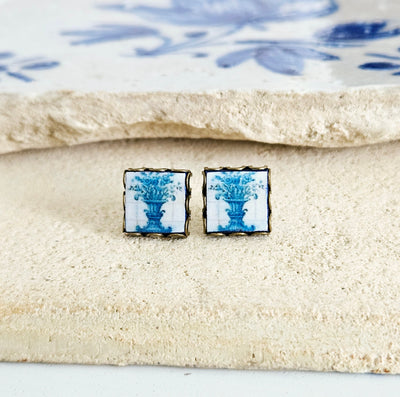 Portugal Blue Tile Antique Flower Stud Earring Small Square Tile Post Portuguese Azulejo Bronze Blue White Earring Wife Gift Travel Jewelry