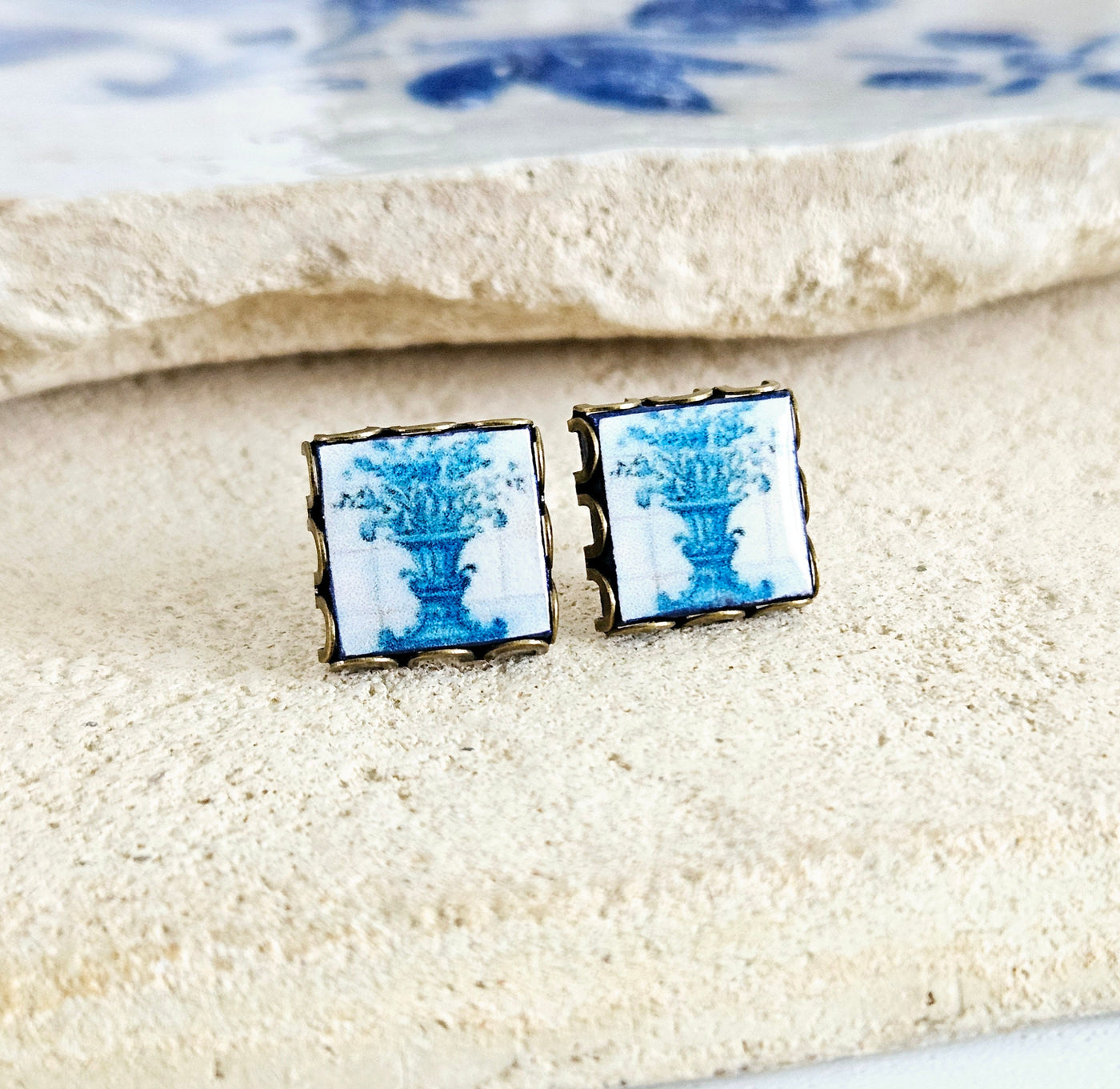 Portugal Blue Tile Antique Flower Stud Earring Small Square Tile Post Portuguese Azulejo Bronze Blue White Earring Wife Gift Travel Jewelry