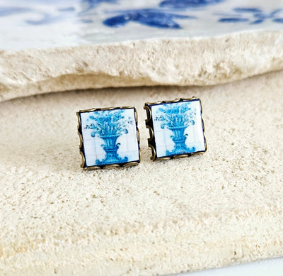 Portugal Blue Tile Antique Flower Stud Earring Small Square Tile Post Portuguese Azulejo Bronze Blue White Earring Wife Gift Travel Jewelry