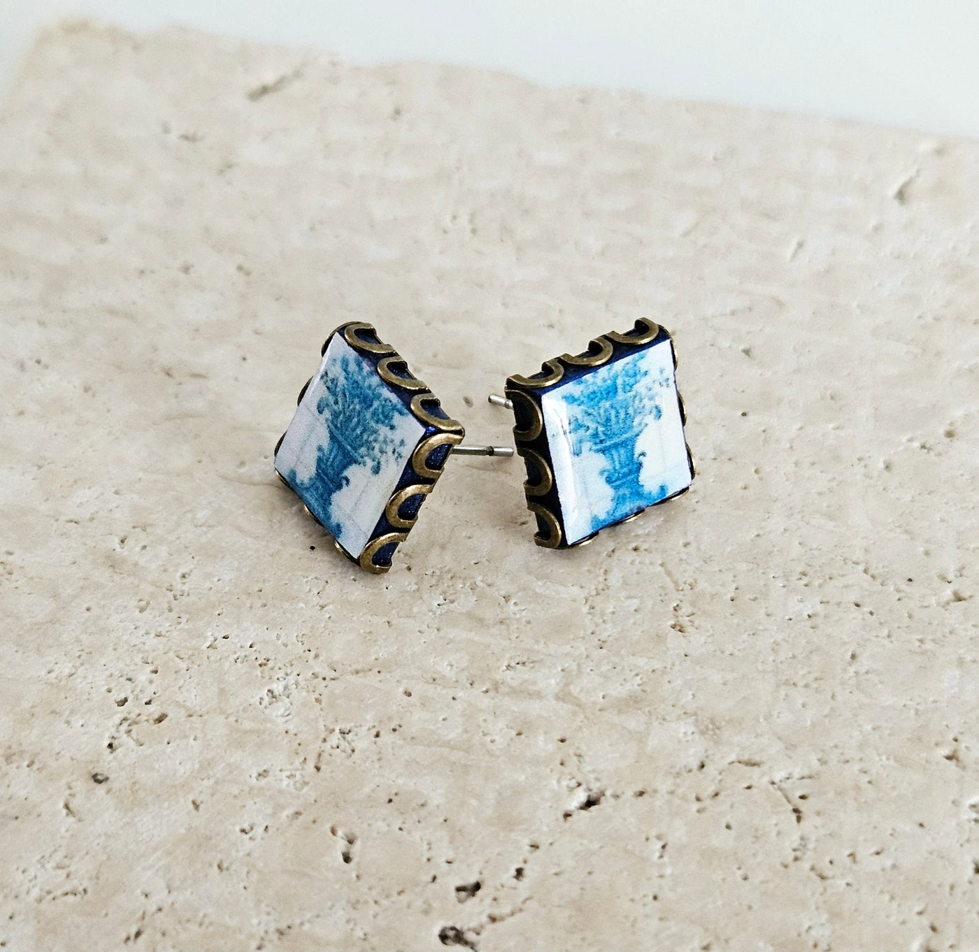 Portugal Blue Tile Antique Flower Stud Earring Small Square Tile Post Portuguese Azulejo Bronze Blue White Earring Wife Gift Travel Jewelry