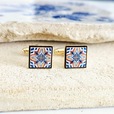 Portugal Blue Orange Tile GOLD Cufflinks Majolica Classic Tile Cufflink Groom Wedding Cufflink Men Celebration Gift Portugal Father Gift