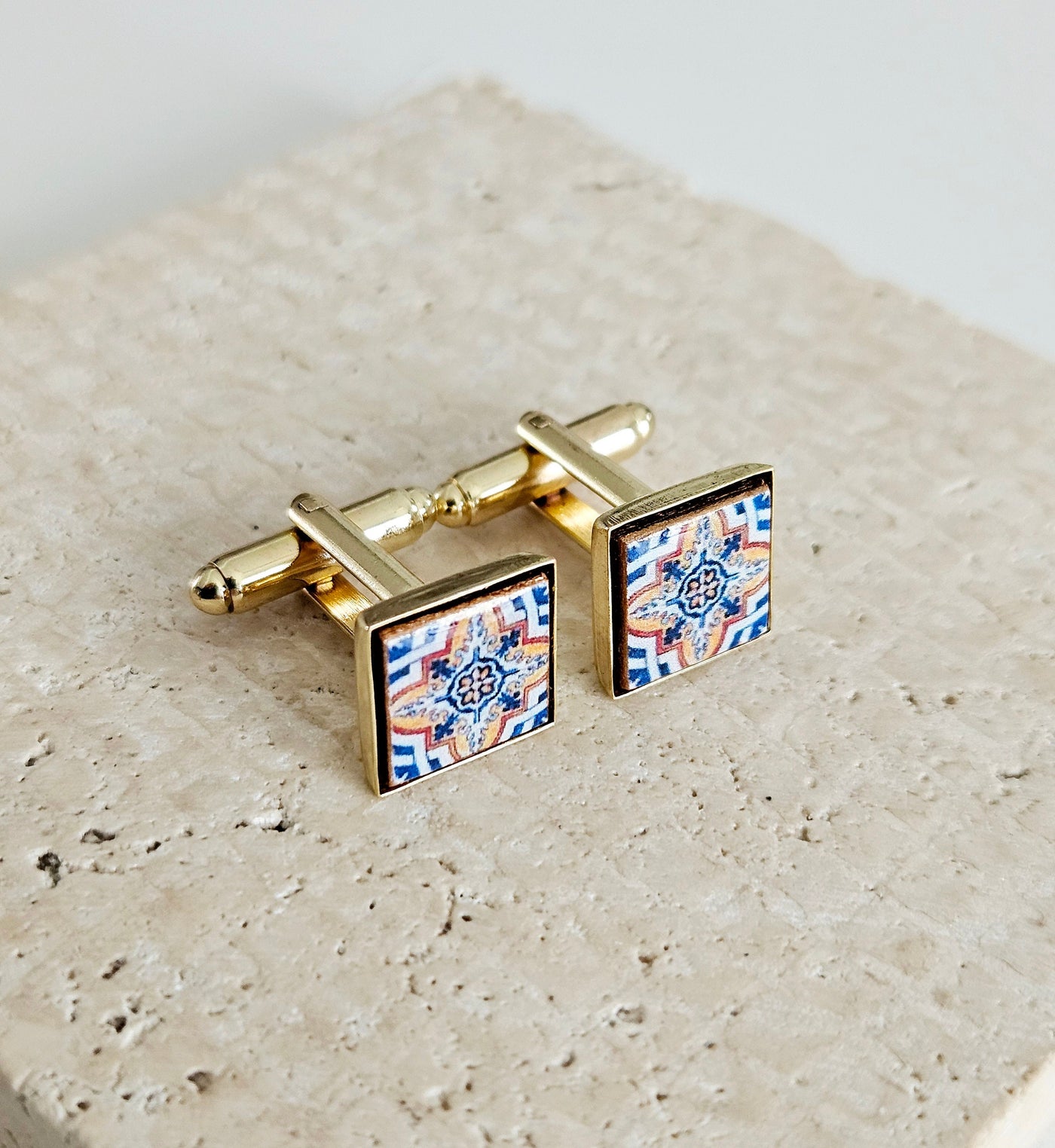 Portugal Blue Orange Tile GOLD Cufflinks Majolica Classic Tile Cufflink Groom Wedding Cufflink Men Celebration Gift Portugal Father Gift