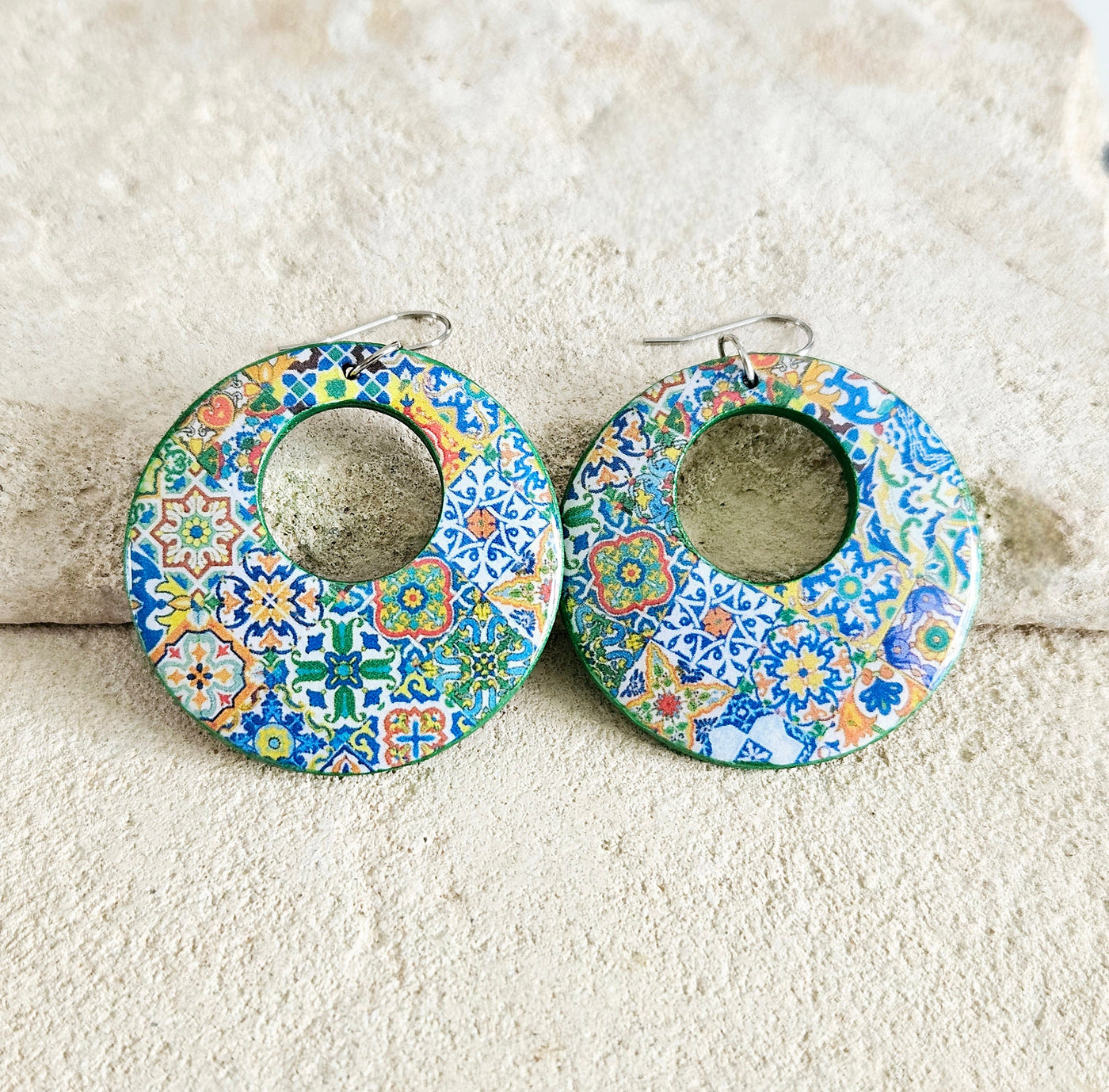 Mexican Hoop Tile Earrings Talavera Mixed Tiles Hoops Boho Colorful Hoops Ethnic Hoop Earrings Spanish Tiles Jewelry Supersized Hoops