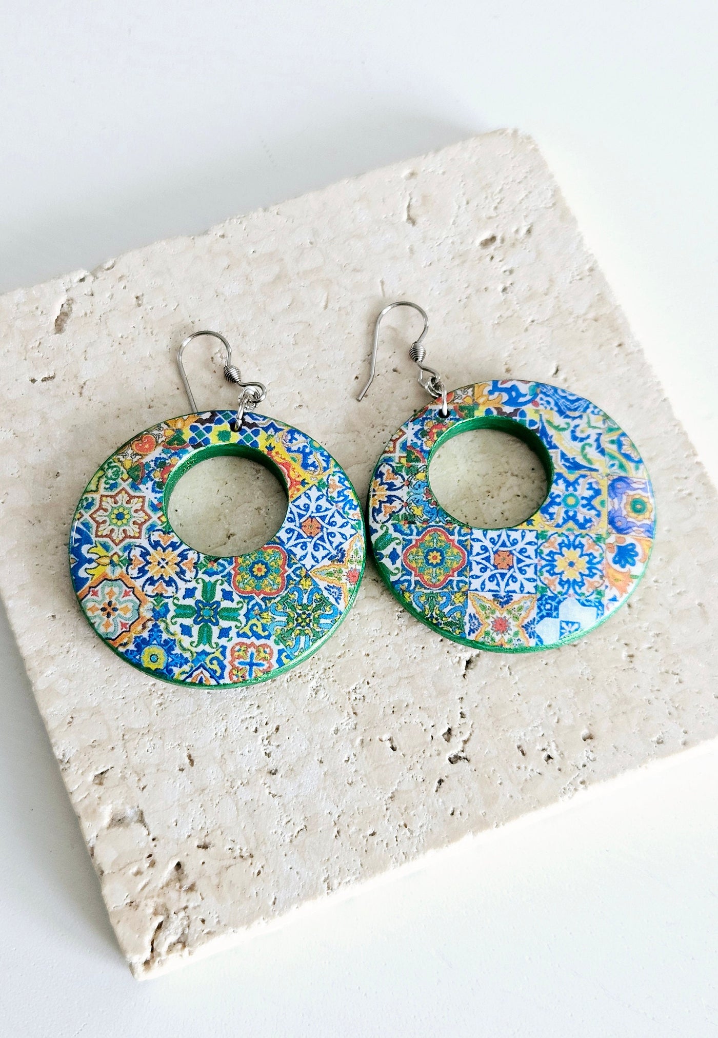 Mexican Hoop Tile Earrings Talavera Mixed Tiles Hoops Boho Colorful Hoops Ethnic Hoop Earrings Spanish Tiles Jewelry Supersized Hoops