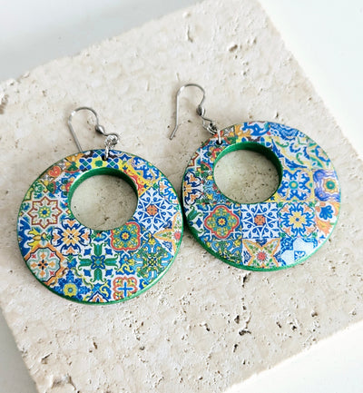 Mexican Hoop Tile Earrings Talavera Mixed Tiles Hoops Boho Colorful Hoops Ethnic Hoop Earrings Spanish Tiles Jewelry Supersized Hoops