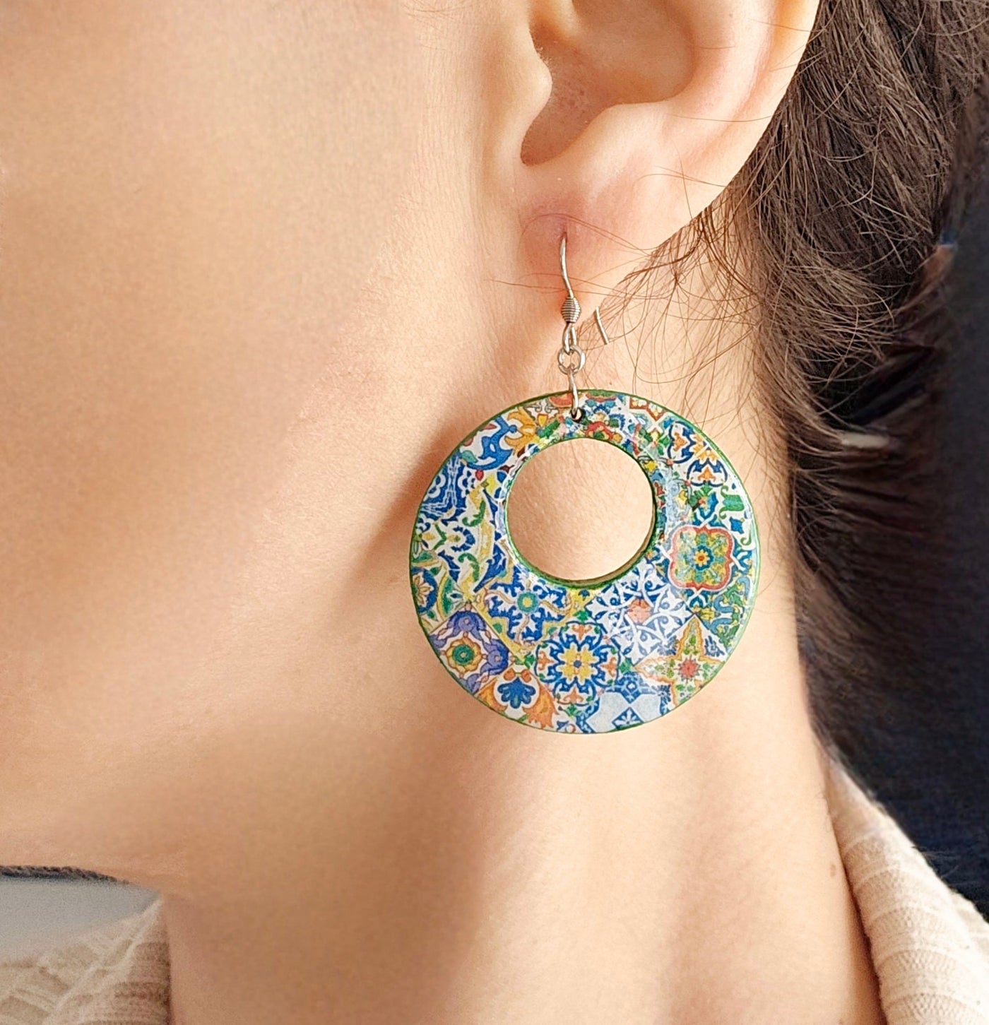 Mexican Hoop Tile Earrings Talavera Mixed Tiles Hoops Boho Colorful Hoops Ethnic Hoop Earrings Spanish Tiles Jewelry Supersized Hoops